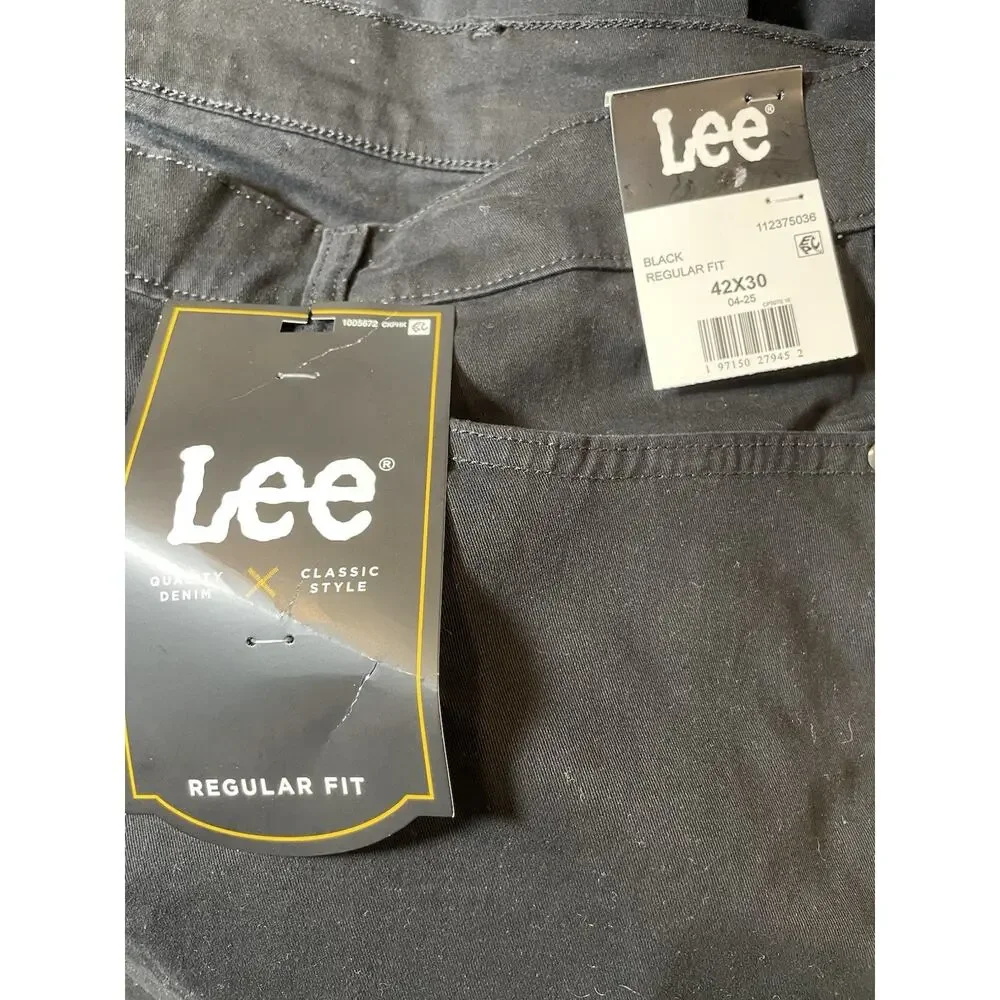 Lee Men's Black Regular Fit Straight Leg 5-Pocket Twill Pants Size 42x30 NEW